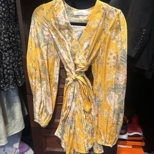 Zimmermann Yellow Wrap Mini Dress with Bishop Sleeves